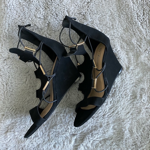 Forever Black Suede Wedges with Gold Accents - Picture 2 of 12